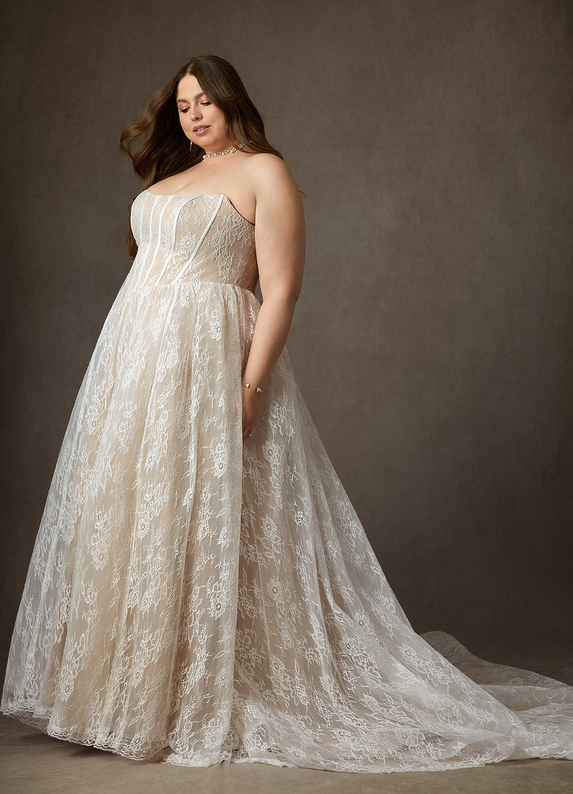 Azazie Demetria Wedding Dresses Diamond White Nude Ball-Gown Strapless Lace Dress image10