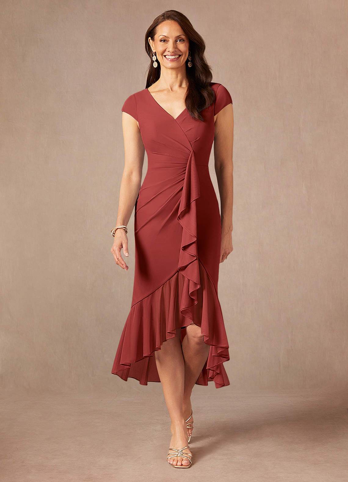 Azazie Renetta Mother of the Bride Dresses Rust Sheath V-Neck Pleated Mesh Dress image1