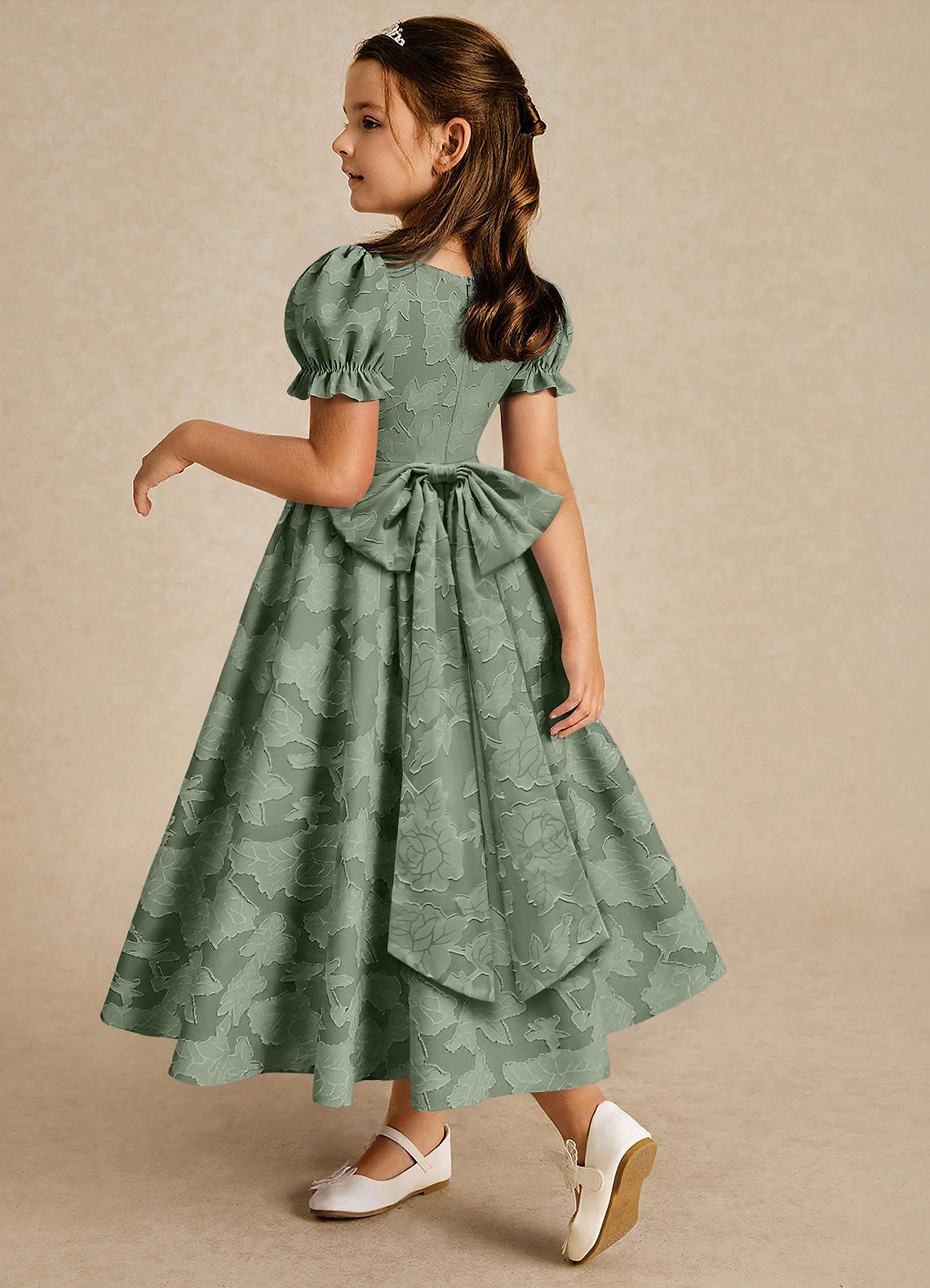 Azazie Joss Blumenmädchenkleider A-Linie mit ärmel Blumen-Burnout Kleid Matcha image1