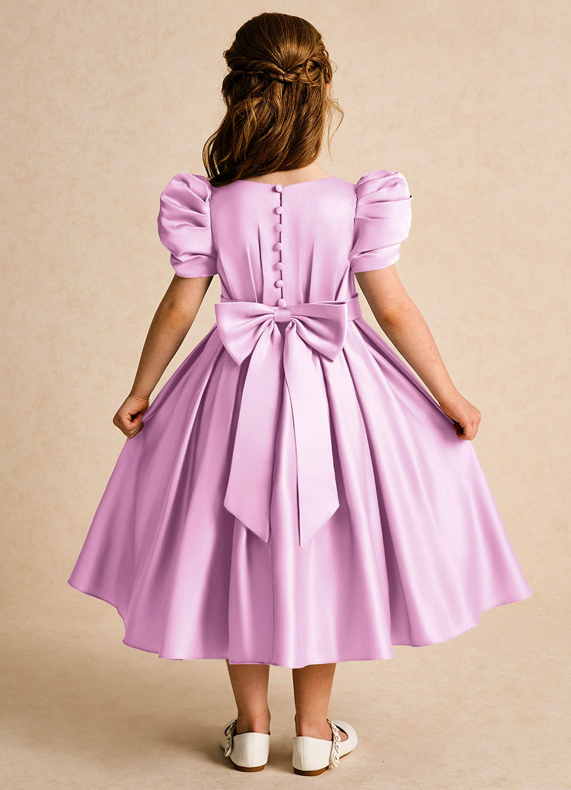 Azazie Miriam Abiti da Ragazza di Fiori Abito Principessa in Raso Opaco Plissettato Rosa Confetto image1