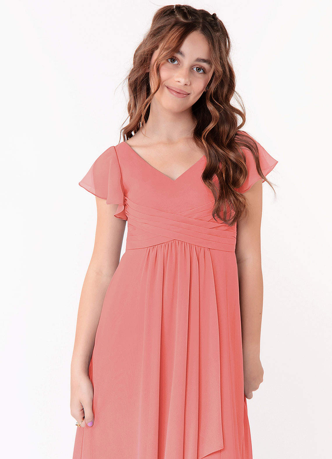 Azazie Omari Junior Vestido Coral de Chiffon de Linha A com Ruched image3
