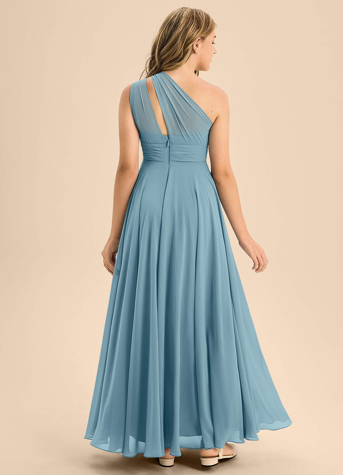 Azazie Charlize Junior Abito A-Line in Chiffon Plissettato Blu Lunatico image1