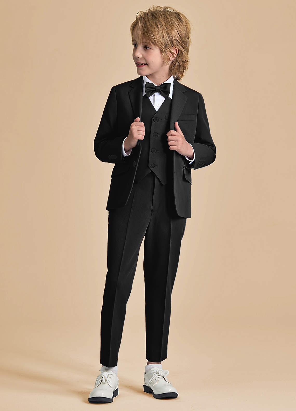 front Oliver Boys Black 5-Piece Suit With Bow Tie