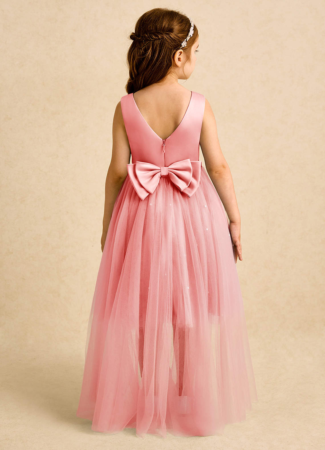 Azazie Bell Jurken voor bloemenmeisjes Baljurk Jurk van Tule Boog Koraal image1