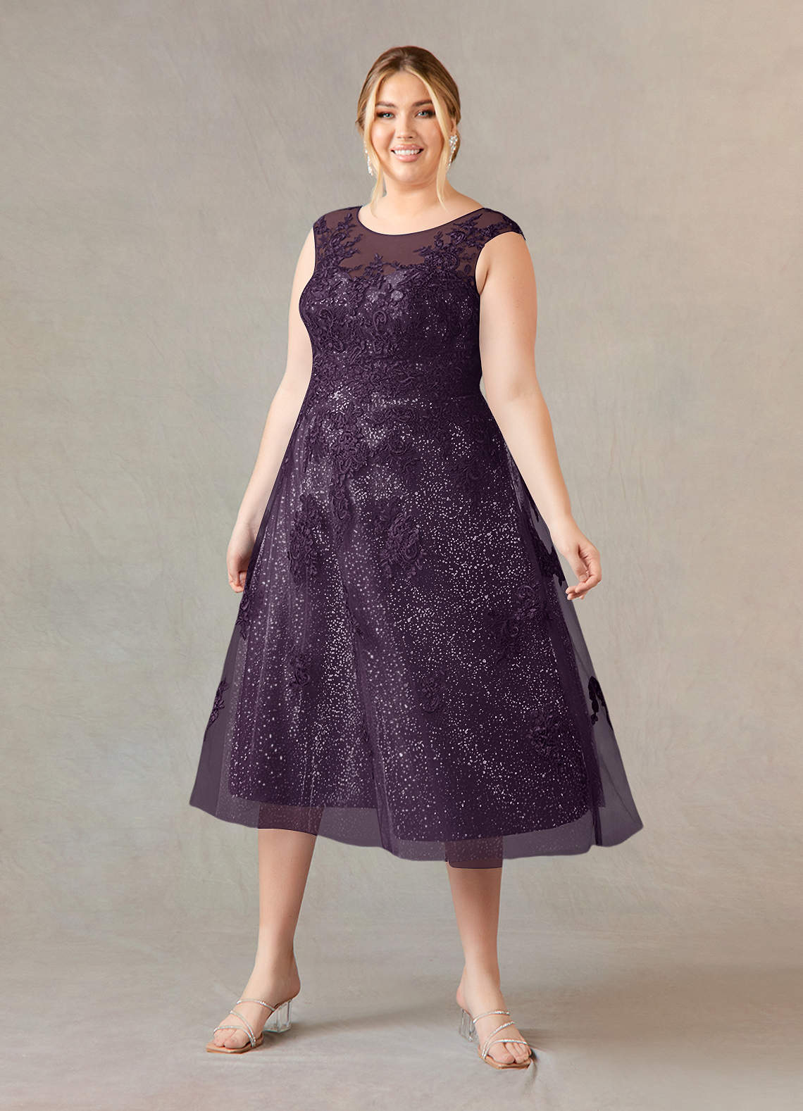 Azazie Flynn Mother of the Bride Dresses Plum A-Line Boatneck Lace Tulle Dress image1