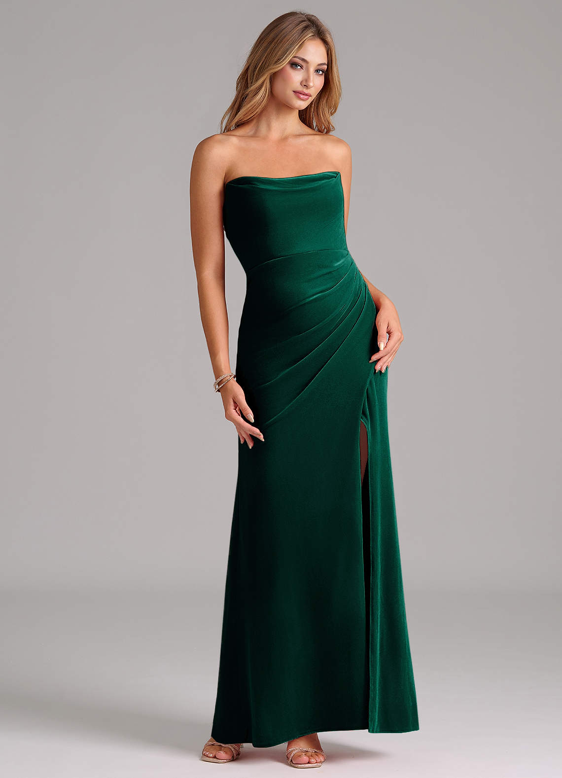 Azazie Leonis Bridesmaid Dresses Emerald Mermaid Strapless Velvet Dress image1