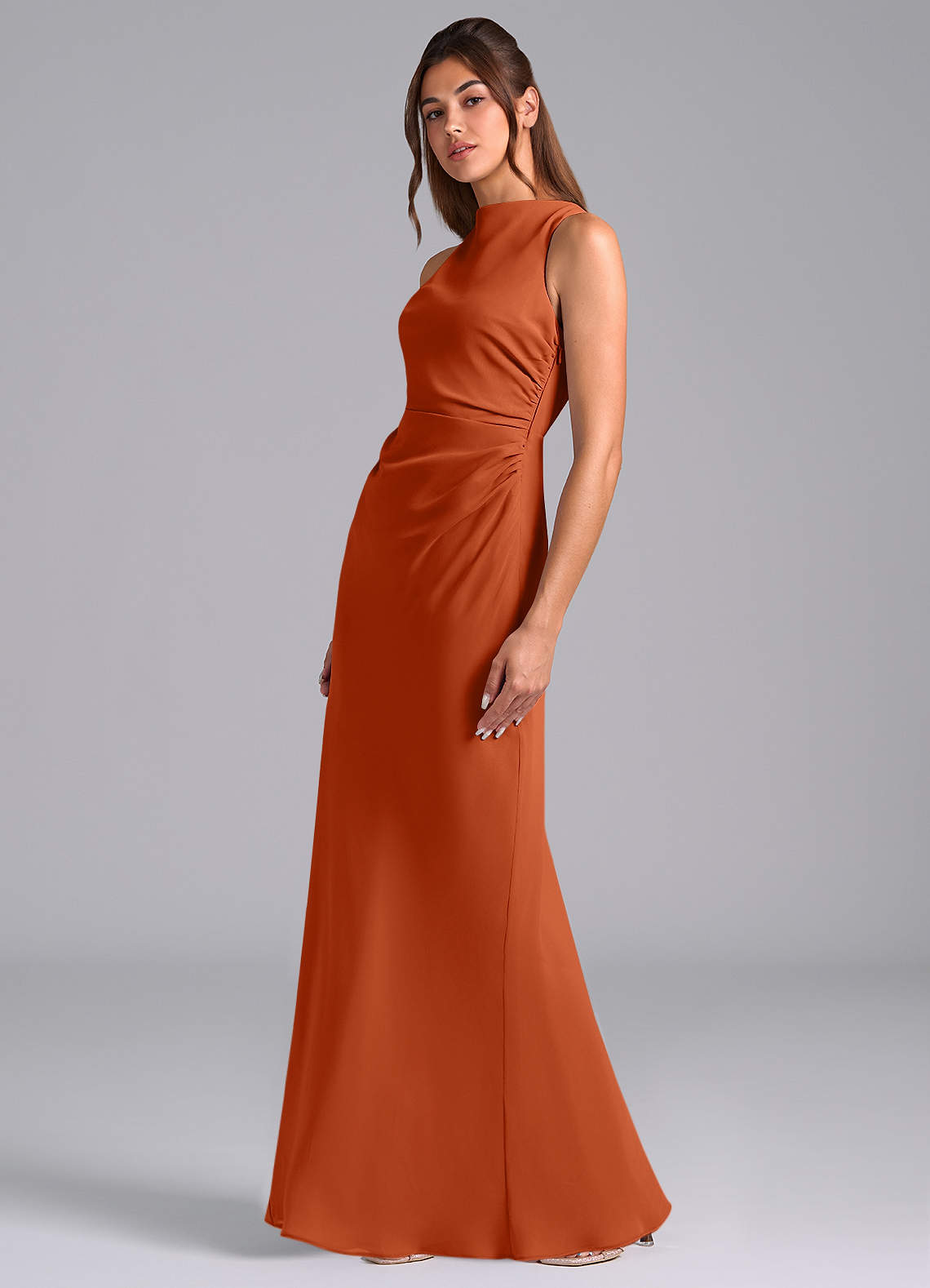 Azazie Evadne Bridesmaid Dresses Burnt Orange A-Line Pleated Chiffon Dress image1