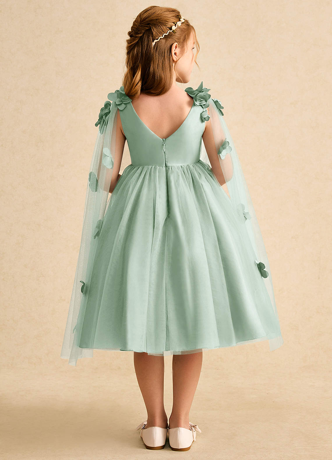 Azazie Staria Blumenmädchenkleider Ballkleid Gestreift Tüll Kleid Agave image1