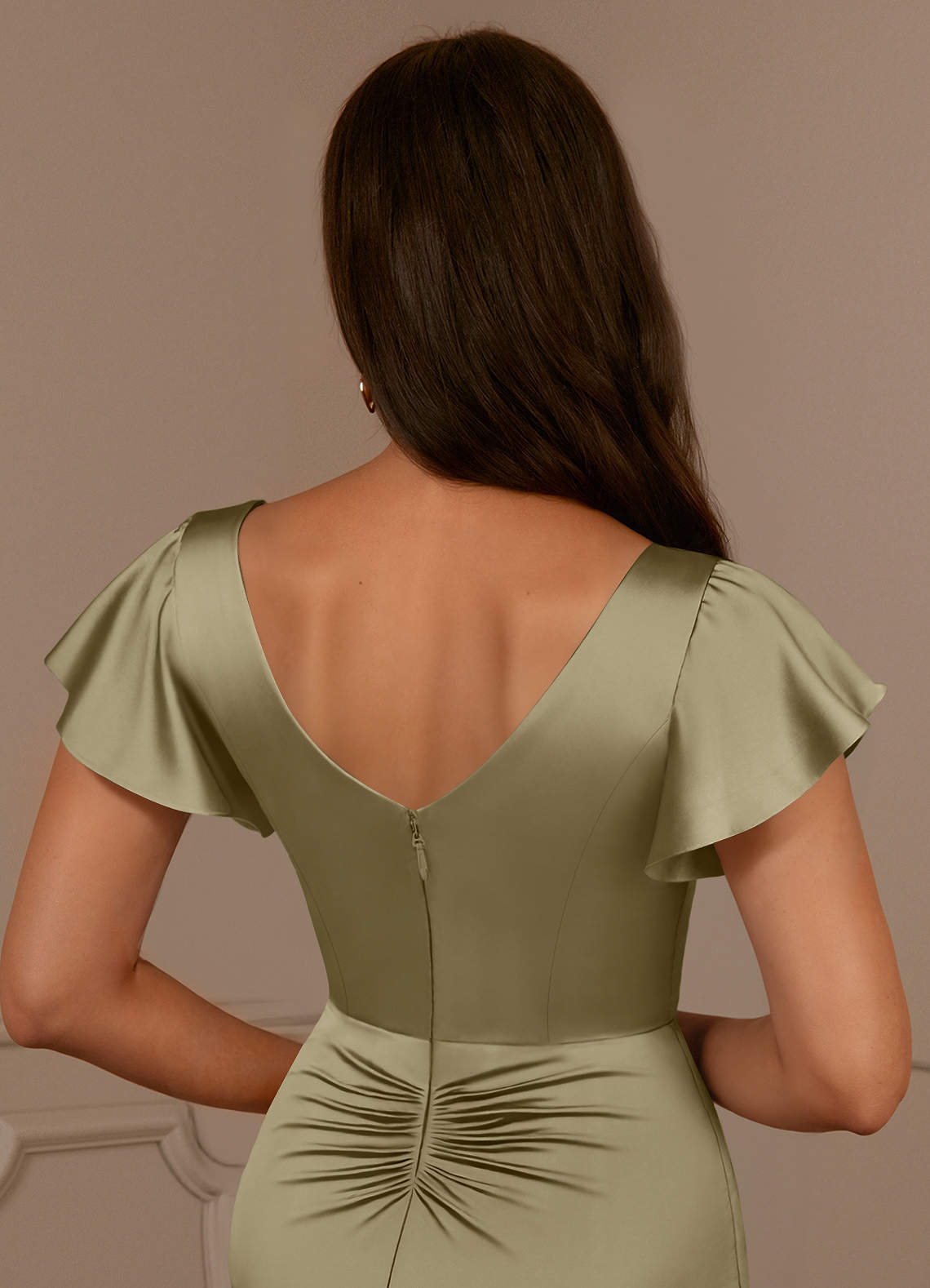 Azazie Roya Klänningar till brudens mor Klänning Sjöjungfru i Stretch Satin V-ringad veckad Mossgrön image5