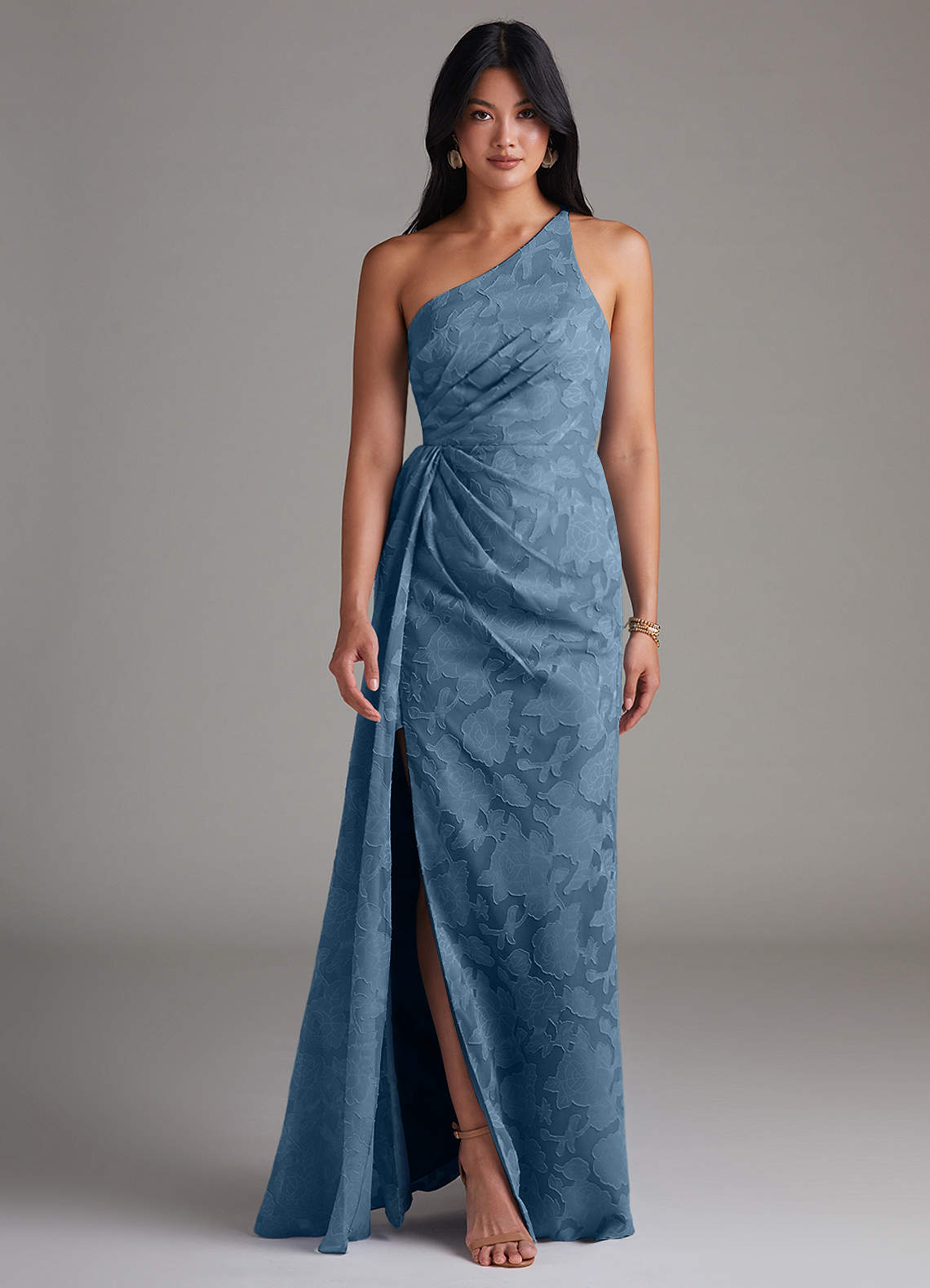 Azazie Mika Bridesmaid Dresses Steel Blue Sheath One Shoulder Floral Burnout Dress image1