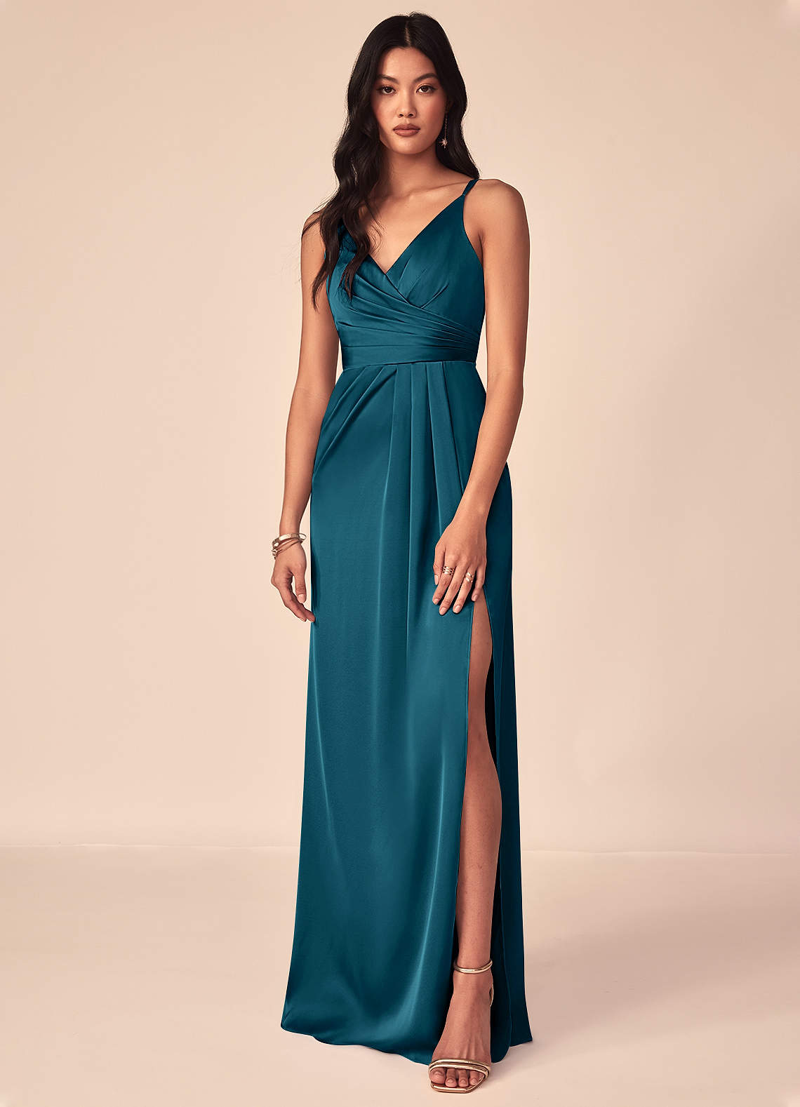 Azazie Aqua Bridesmaid Dresses Ink Blue A-Line V-Neck Pleated Stretch Satin Dress image1