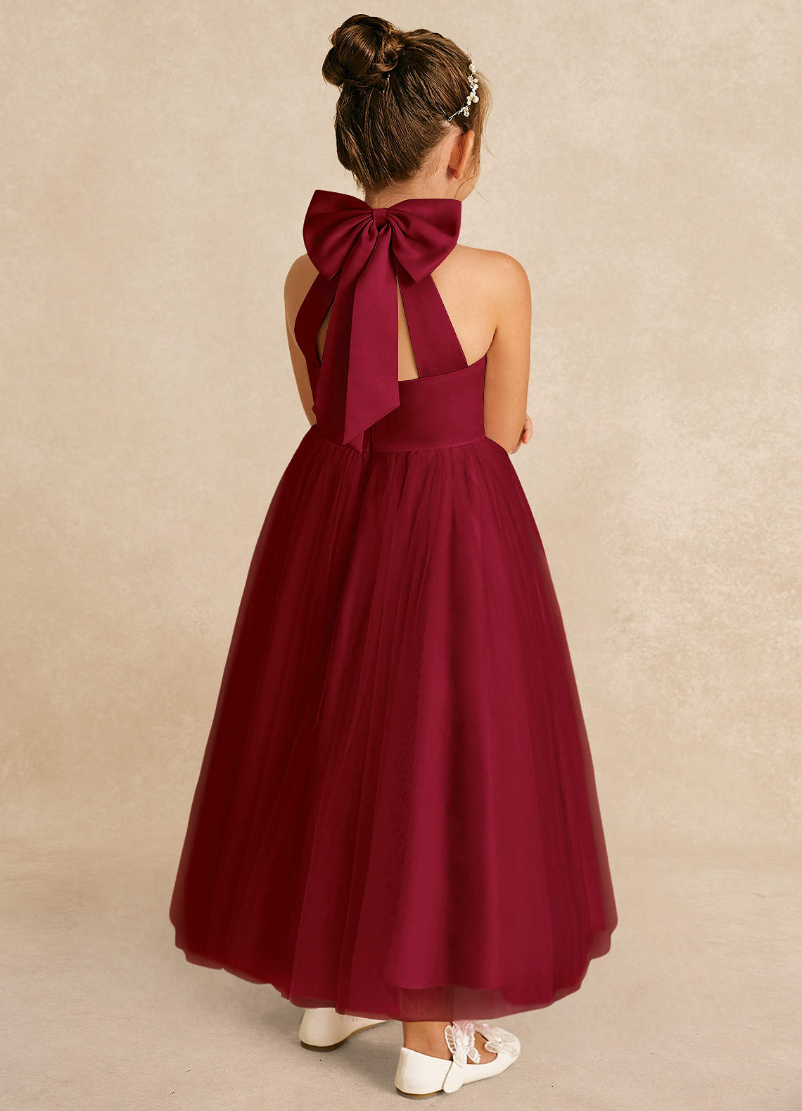 Azazie Bev Flower Girl Dresses Burgundy A-Line Convertible Tulle Dress image5