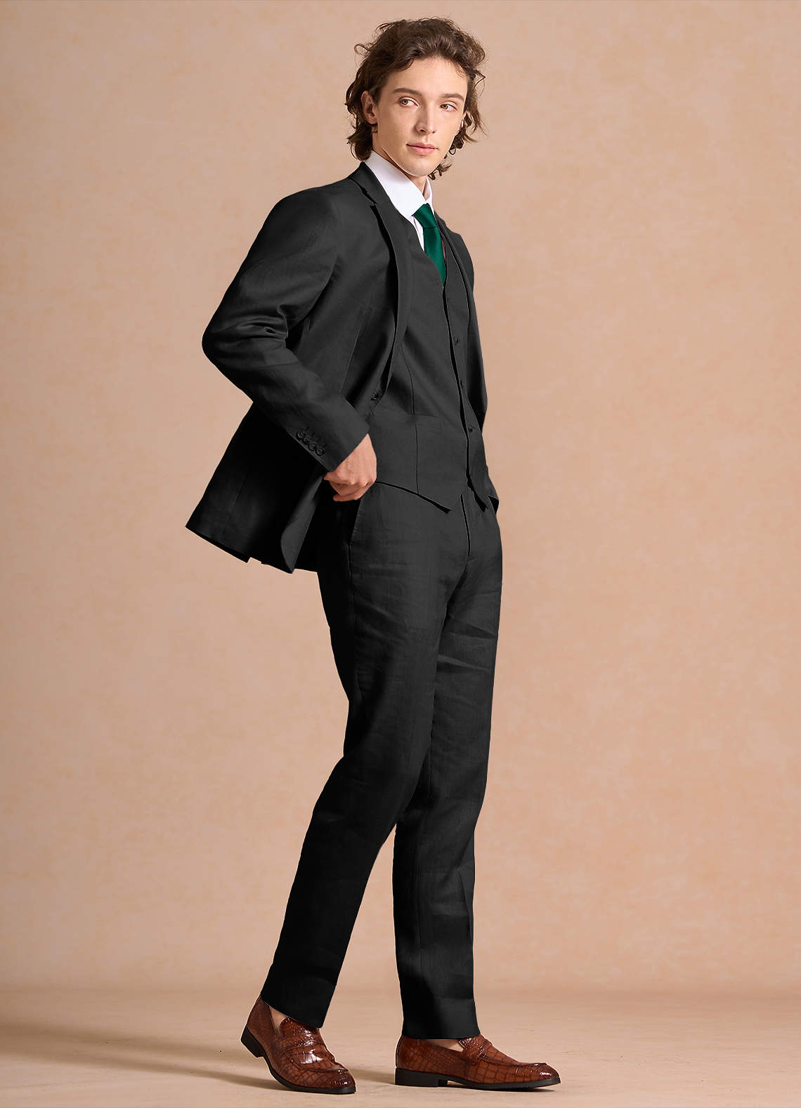 front Harrison Black 100% Linen 3-Piece Suit
