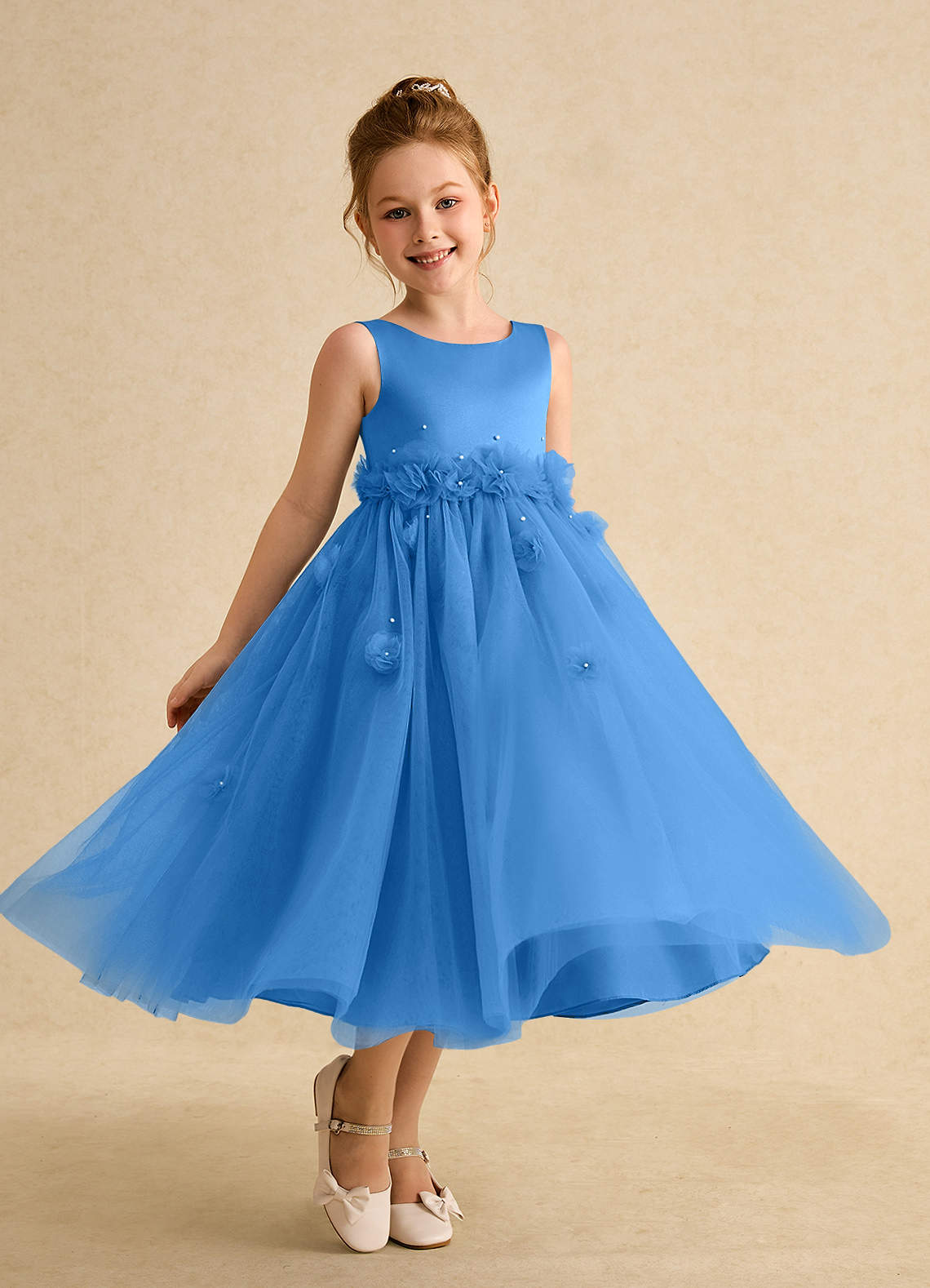 Azazie Lux Flower Girl Dresses Blue Jay A-Line Beaded Tulle Dress image1