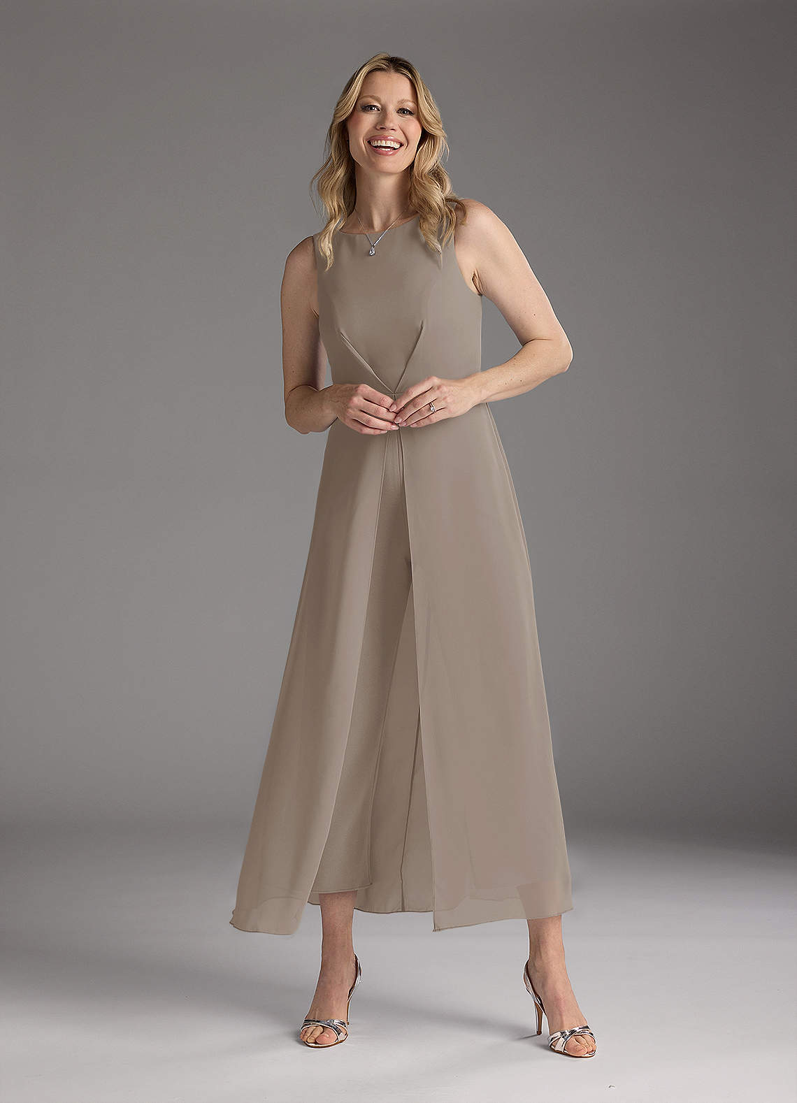 Azazie Anitta Mother of the Bride Dresses Taupe Jumpsuit/Pantsuit Pleated Stretch Crepe Dress image2