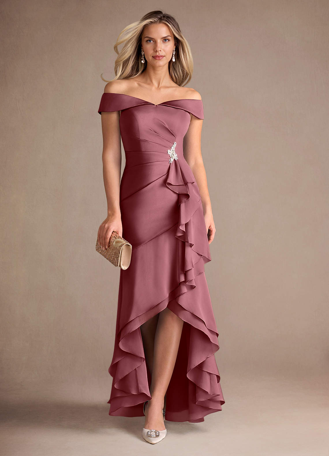 Azazie Billings Mother of the Bride Dresses Desert Rose Mermaid Off the Shoulder Stretch Satin Dress image1