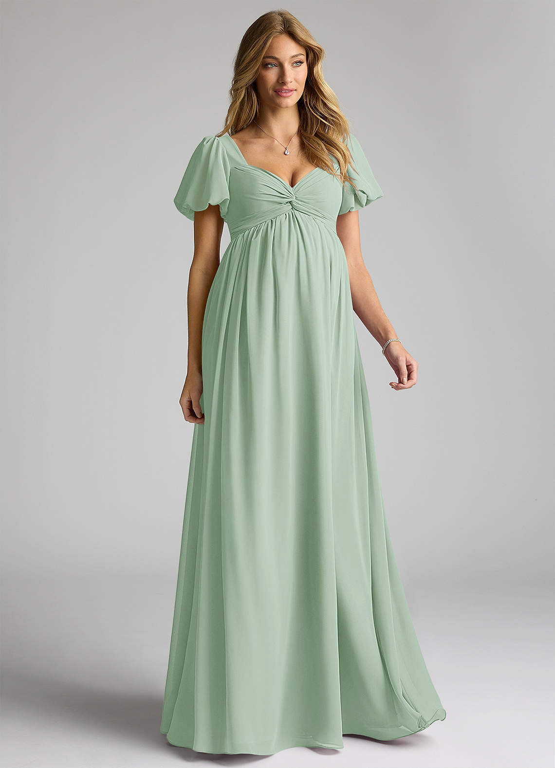 Azazie Madisynn Brautjungfernkleider für Schwangere Schleifen Chiffon Bodenlänge Kleid image1