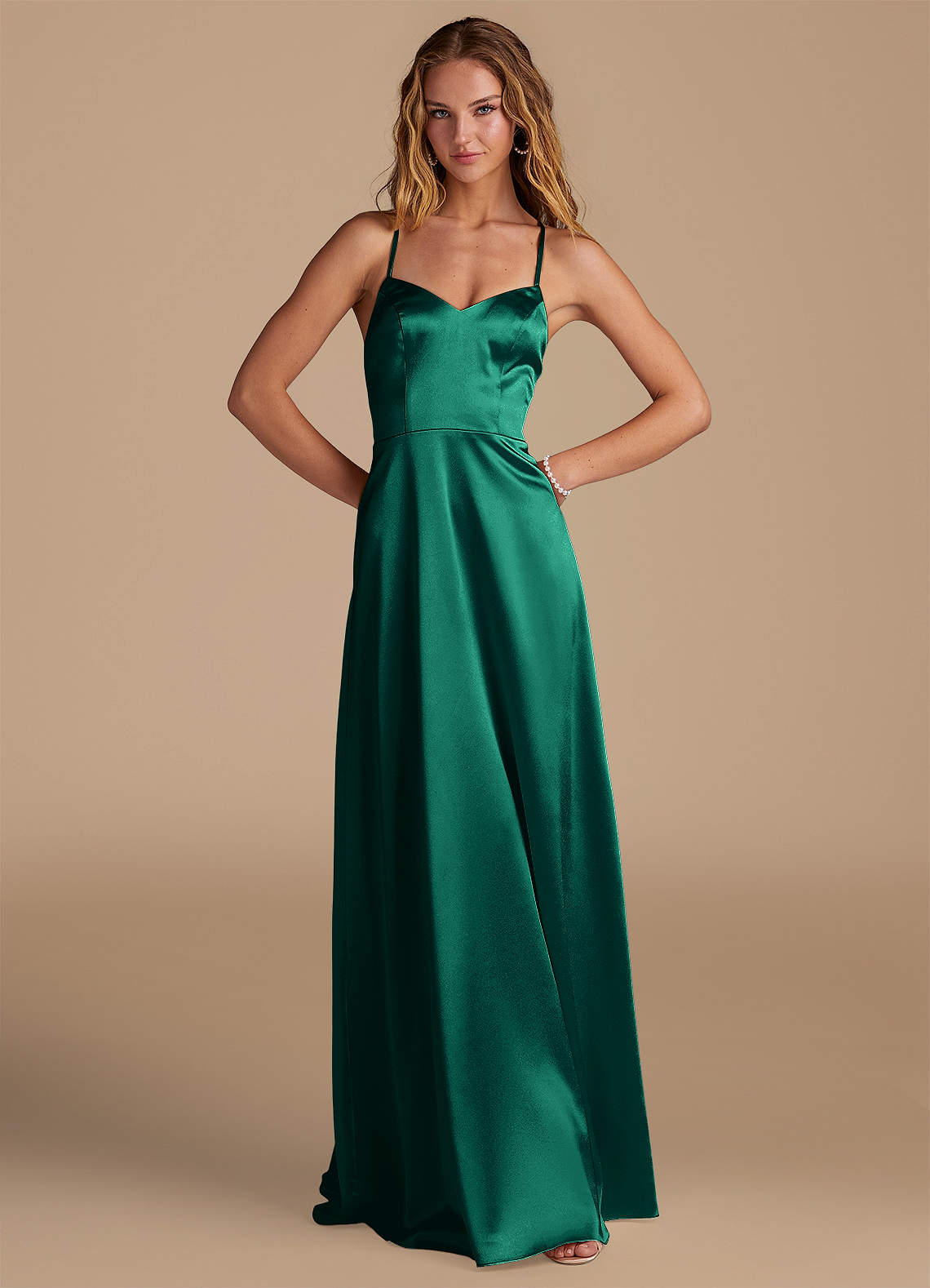 Azazie Mei Emerald Metallic Satin Bridesmaid Dresses | Azazie DE