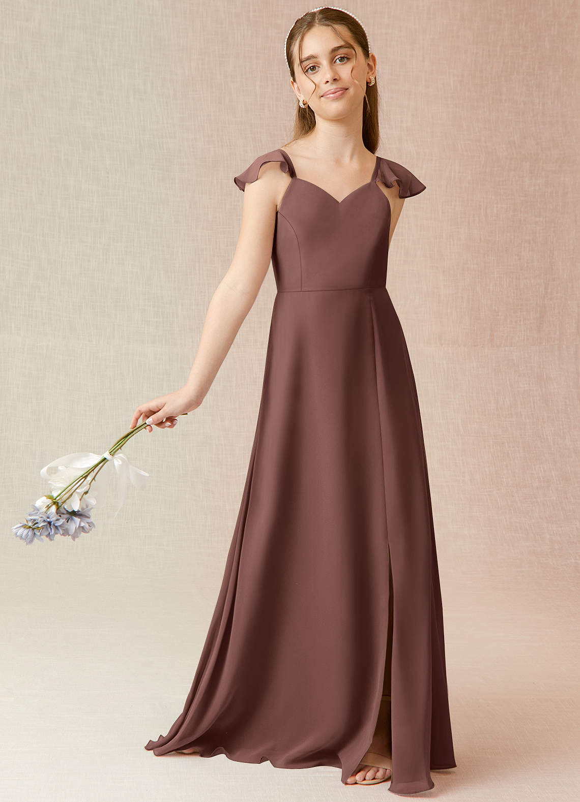 Azazie Everett Junior Vestido Café Expresso de Chiffon de Linha A image1