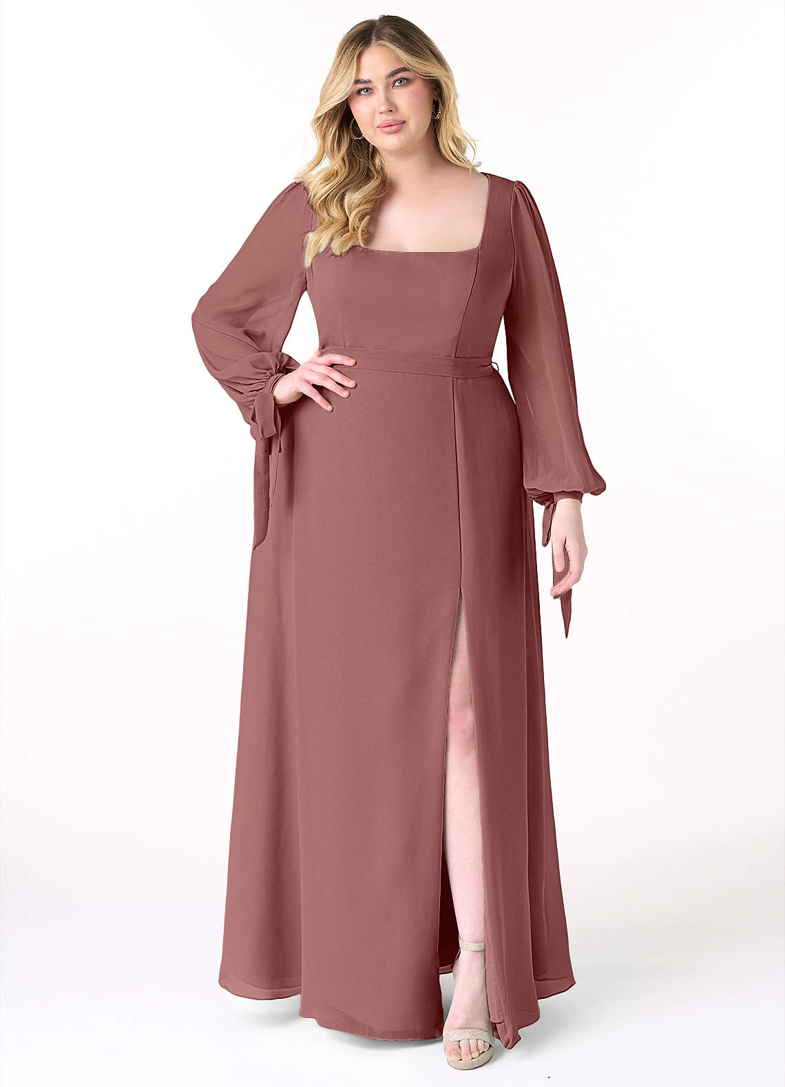 Azazie Leonia Bridesmaid Dresses Desert Rose A-Line Long Sleeve Chiffon Dress image1