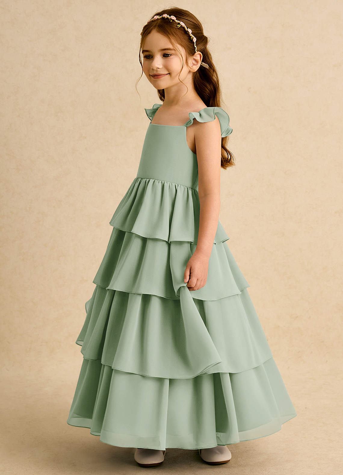 Azazie Boba Flower Girl Dresses Dusty Sage A-Line Square Neckline Chiffon Dress image6