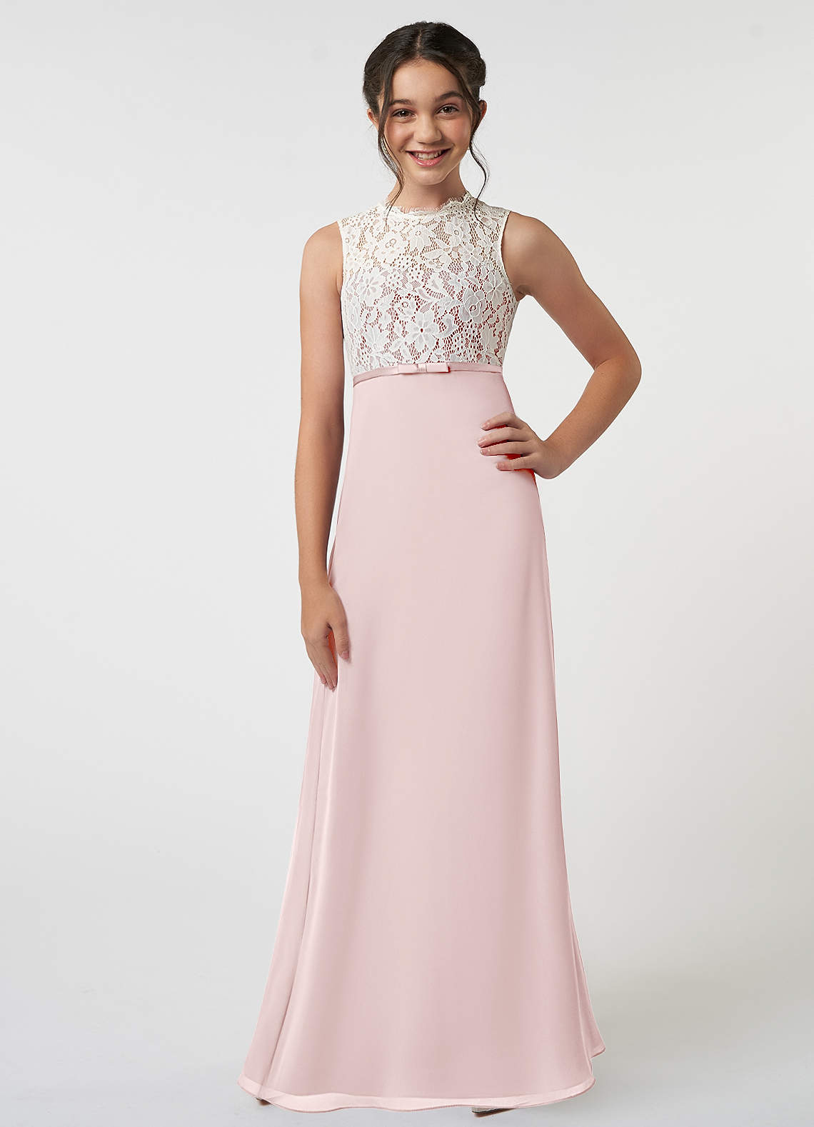 Azazie Rana Junior Blushing Pink A-Line Lace Chiffon Dress image1