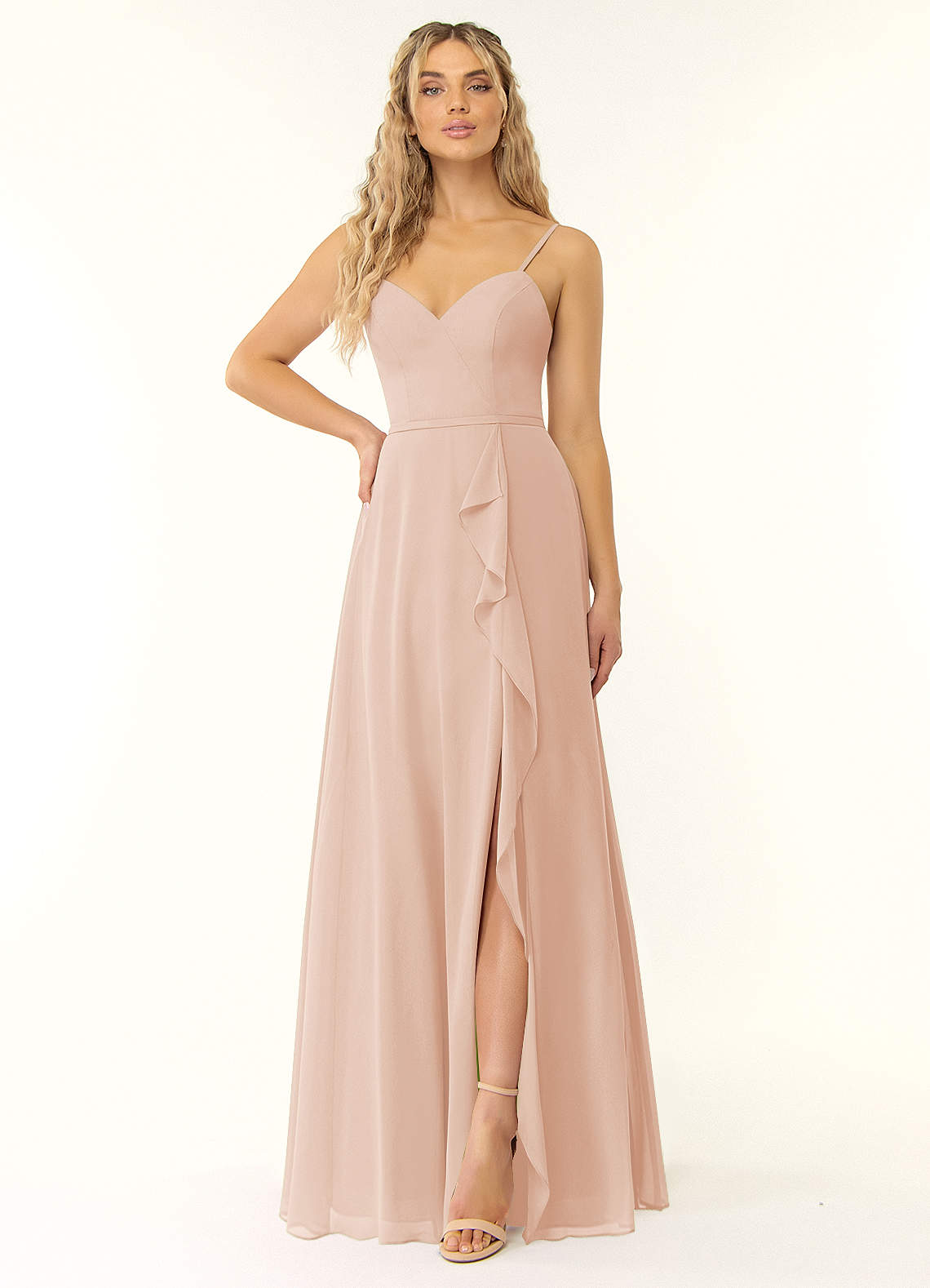 Azazie Naeem Robes de demoiselle d'honneur Robe Trapèze en Mousseline de soie Col V à volants Rose Perle image1