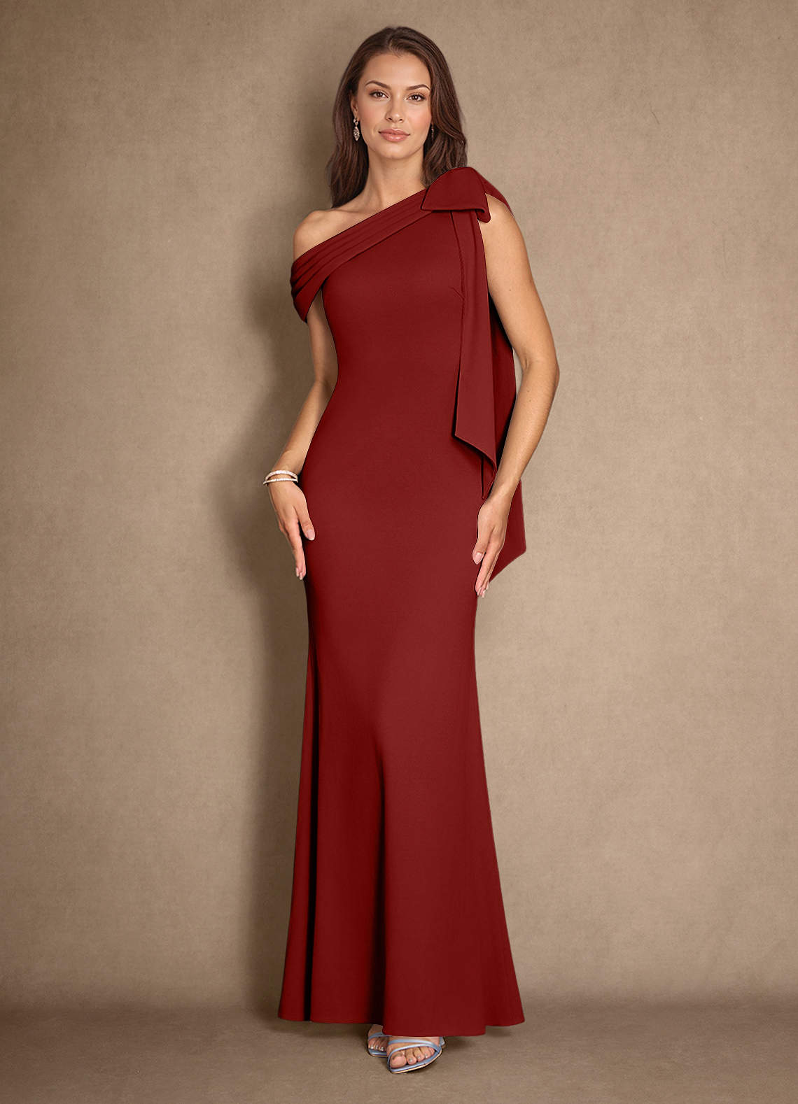 Azazie Myers vestidos de madre de la novia Vestido de Terracota de Crepé elástico de Sirena con Plisado image1