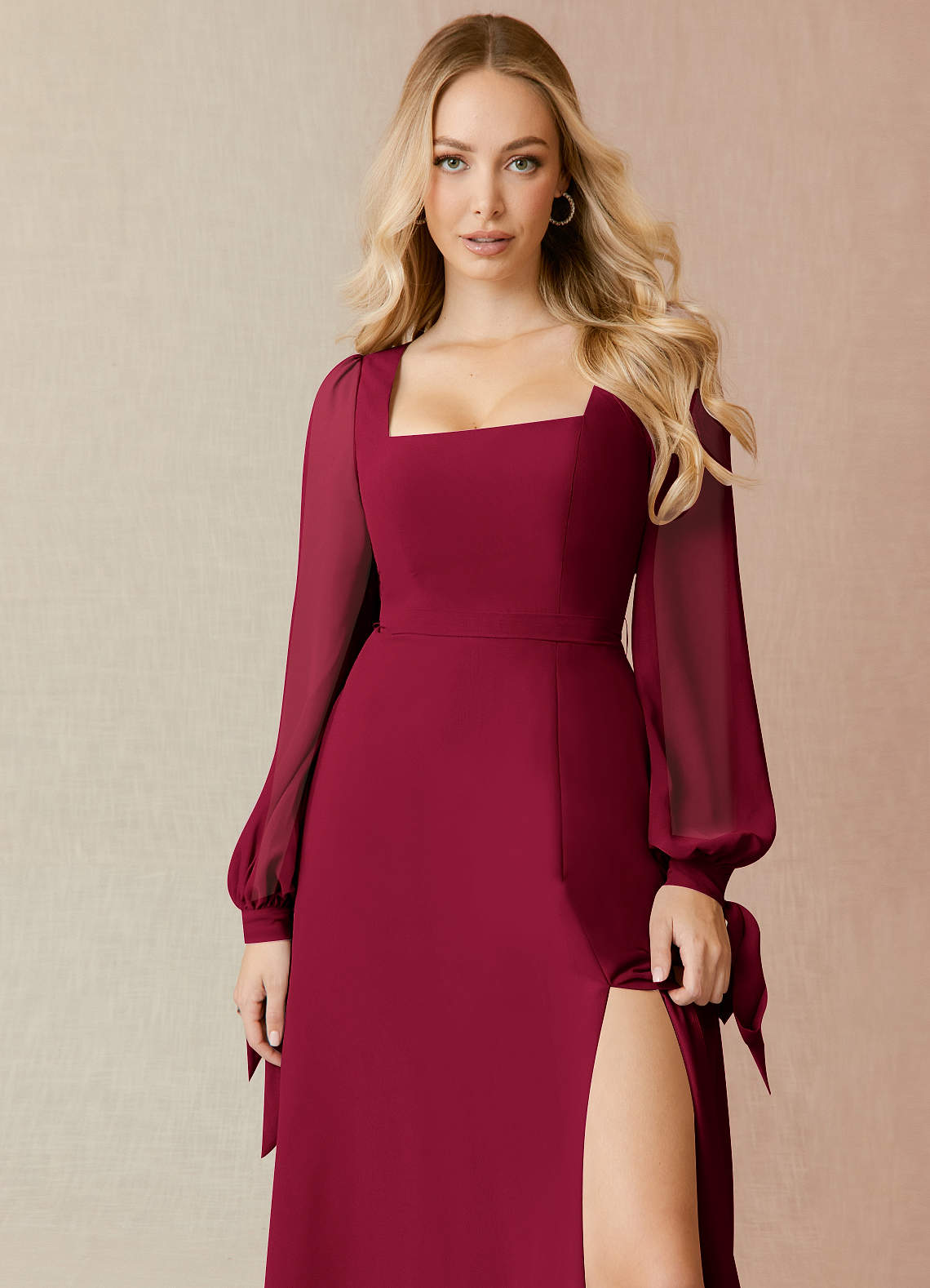 Azazie Leonia Bridesmaid Dresses Burgundy A-Line Long Sleeve Chiffon Dress image4