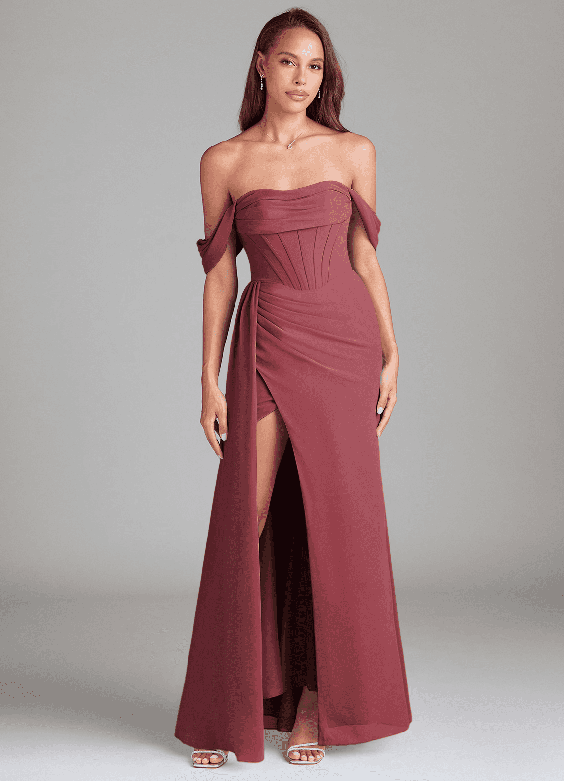 Azazie Amyra Bridesmaid Dresses Merlot Sheath Off the Shoulder Chiffon Convertible Dress image1
