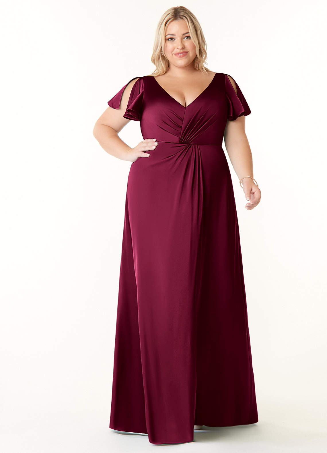 Azazie Soren Bridesmaid Dresses Burgundy A-Line Pleated Stretch Satin Dress image1