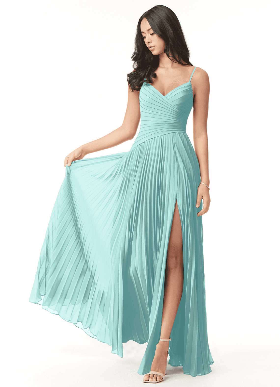 Azazie Vini Bridesmaid Dresses Aqua A-Line V-Neck Pleated Chiffon Dress image1