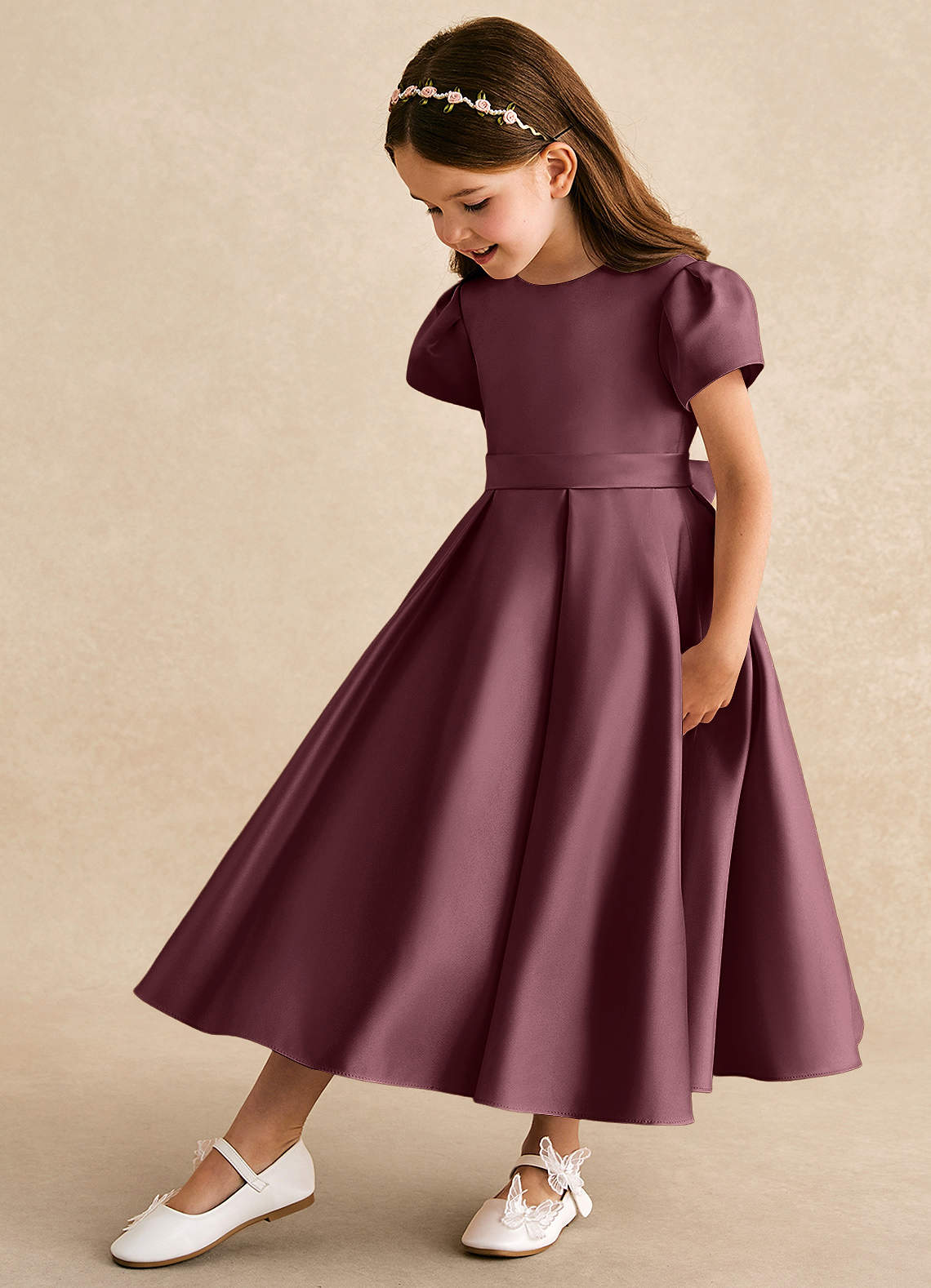 Azazie Princess Flower Girl Dresses Sangria A-Line Pleated Matte Satin Dress image1