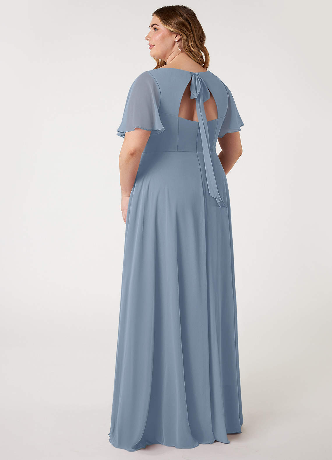 Azazie Kimber Bridesmaid Dresses Dusty Blue A-Line Flounce Sleeve Chiffon Dress image2