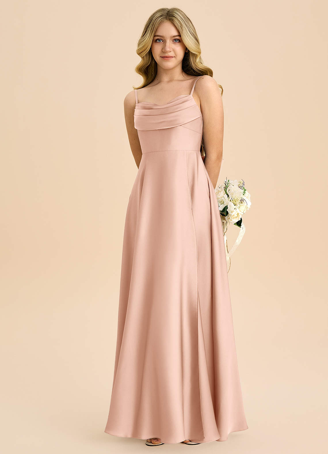 Azazie Bear Junior Rose Gold A-Line Sweetheart Neckline Stretch Satin Dress image5