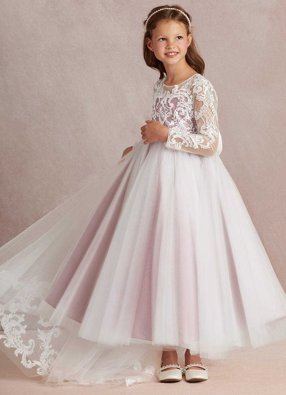 Azazie Elodie Robe Demoiselle D'honneur Fillette Robe Princesse en Dentelle Ivoire Rose Poussiéreux image4