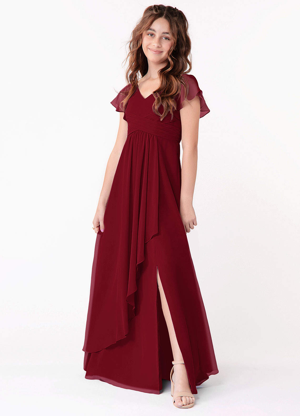 Azazie Omari Junior A-Linie Gestreift Chiffon Kleid Burgunderrot image1