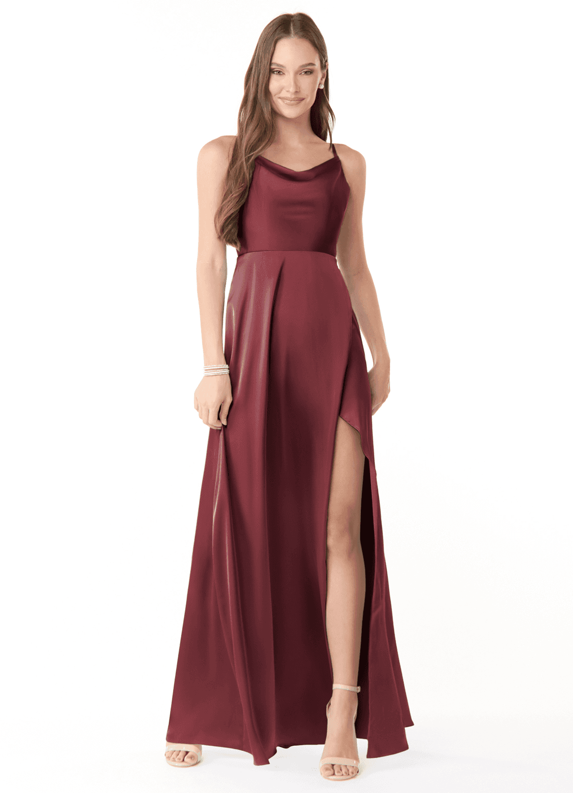 Azazie Naomie Bridesmaid Dresses Merlot A-Line Cowl Neckline Side Slit Stretch Satin Dress image1