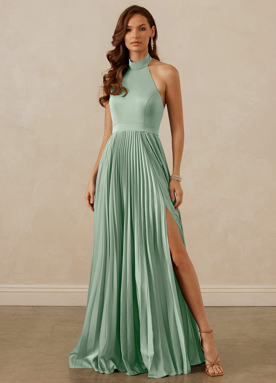 Christian Siriano Bridal for Azazie 1007 Bridesmaid Dresses Agave A-Line Pleated Stretch Satin Dress image1