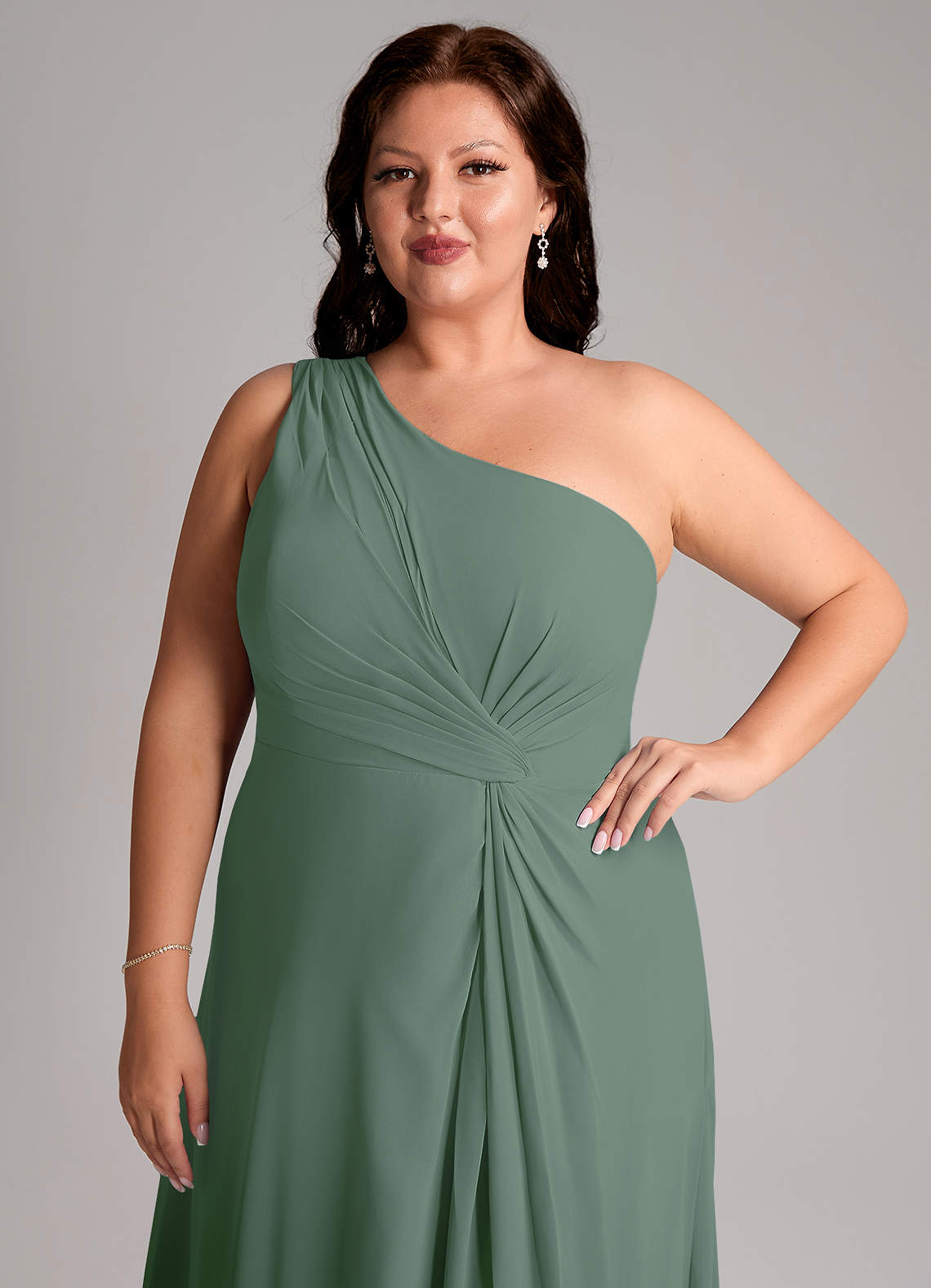 Azazie Brooke Bridesmaid Dresses Eucalyptus A-Line One Shoulder Chiffon Dress image12