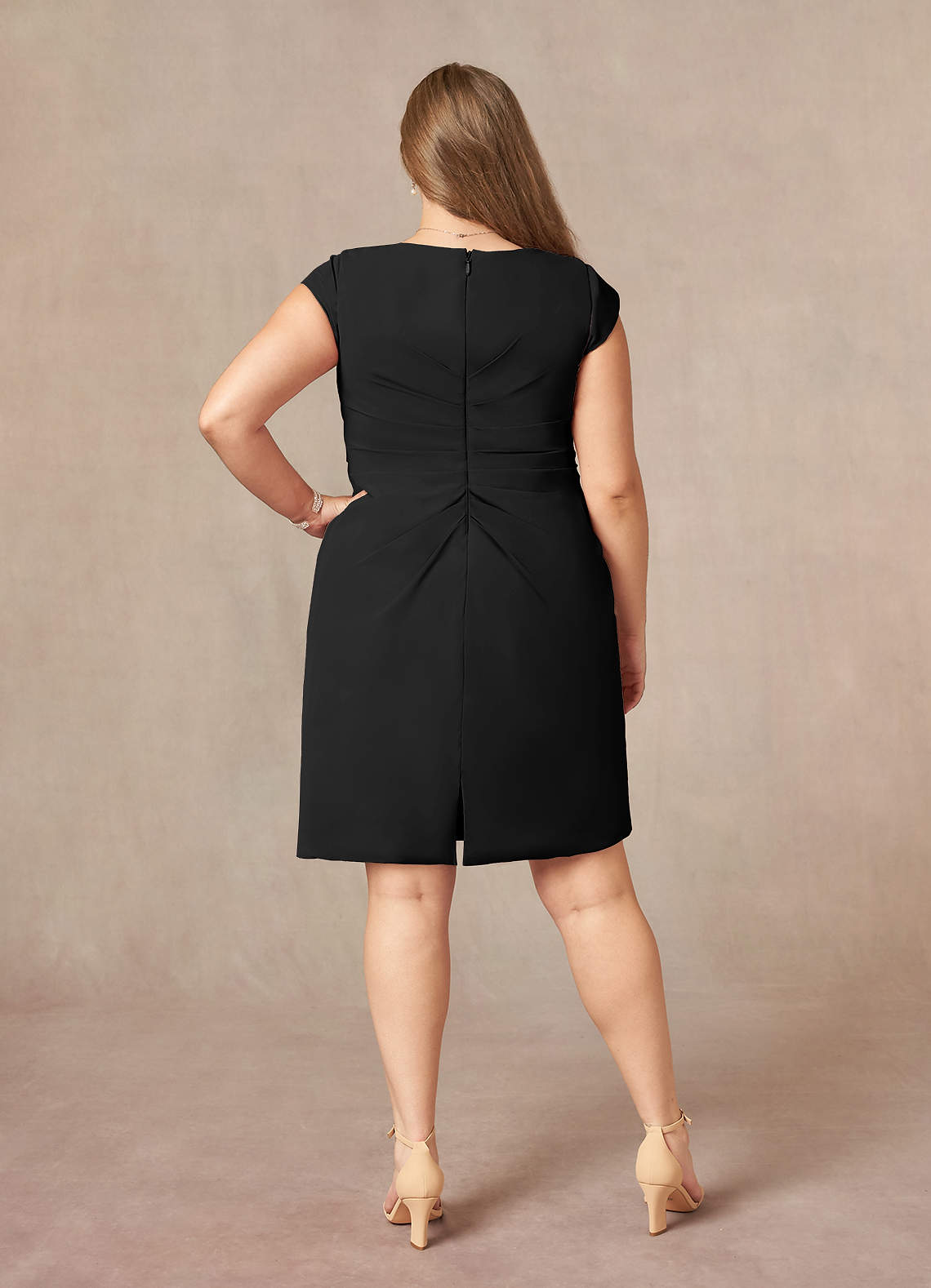 Azazie Nola At-home Try On Dresses Black Sheath V-Neck Pleated Chiffon Dress image6