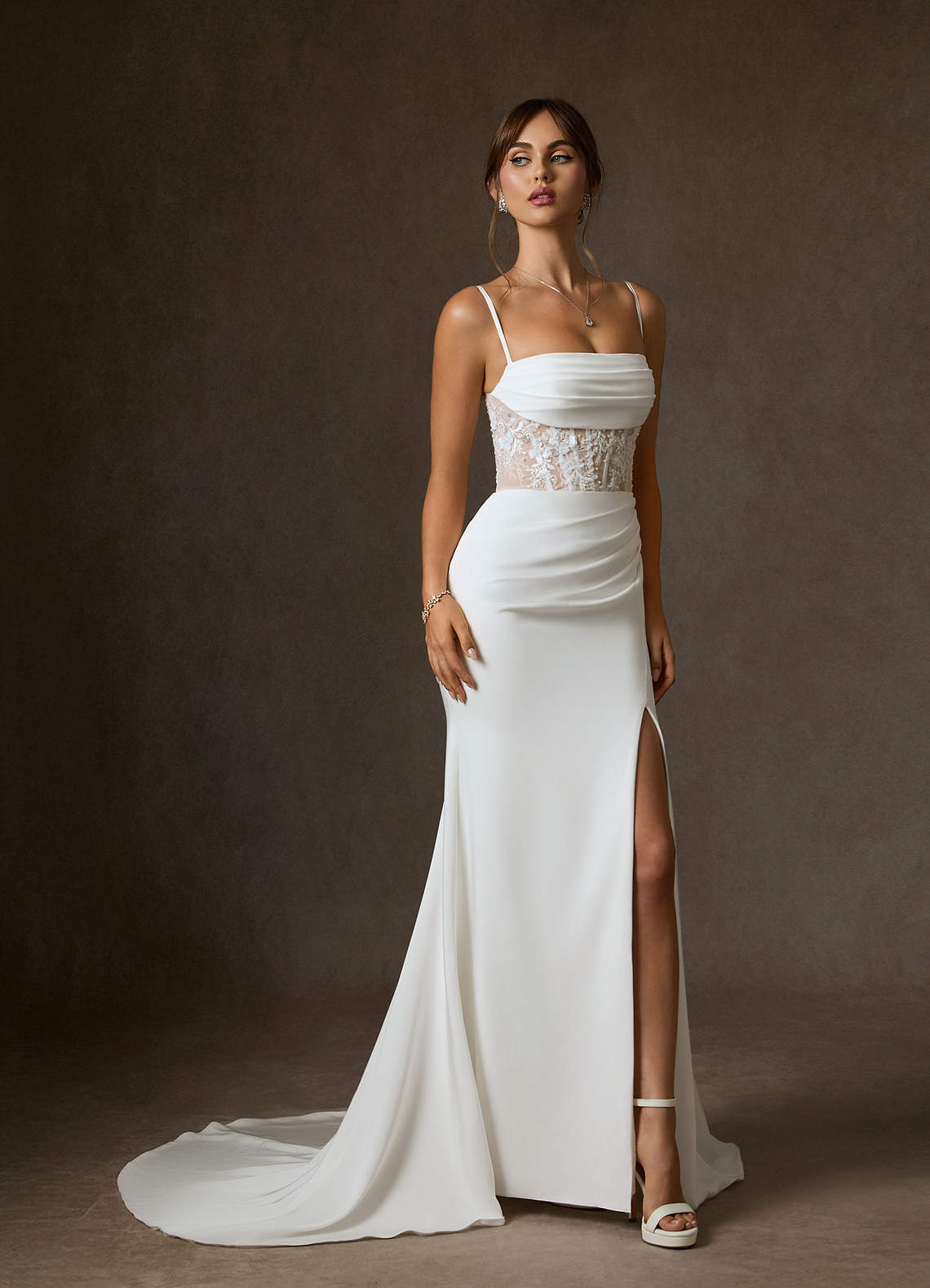 Azazie Alyce Wedding Dresses Diamond White Nude Mermaid Off the Shoulder Crepe Back Satin Dress image7