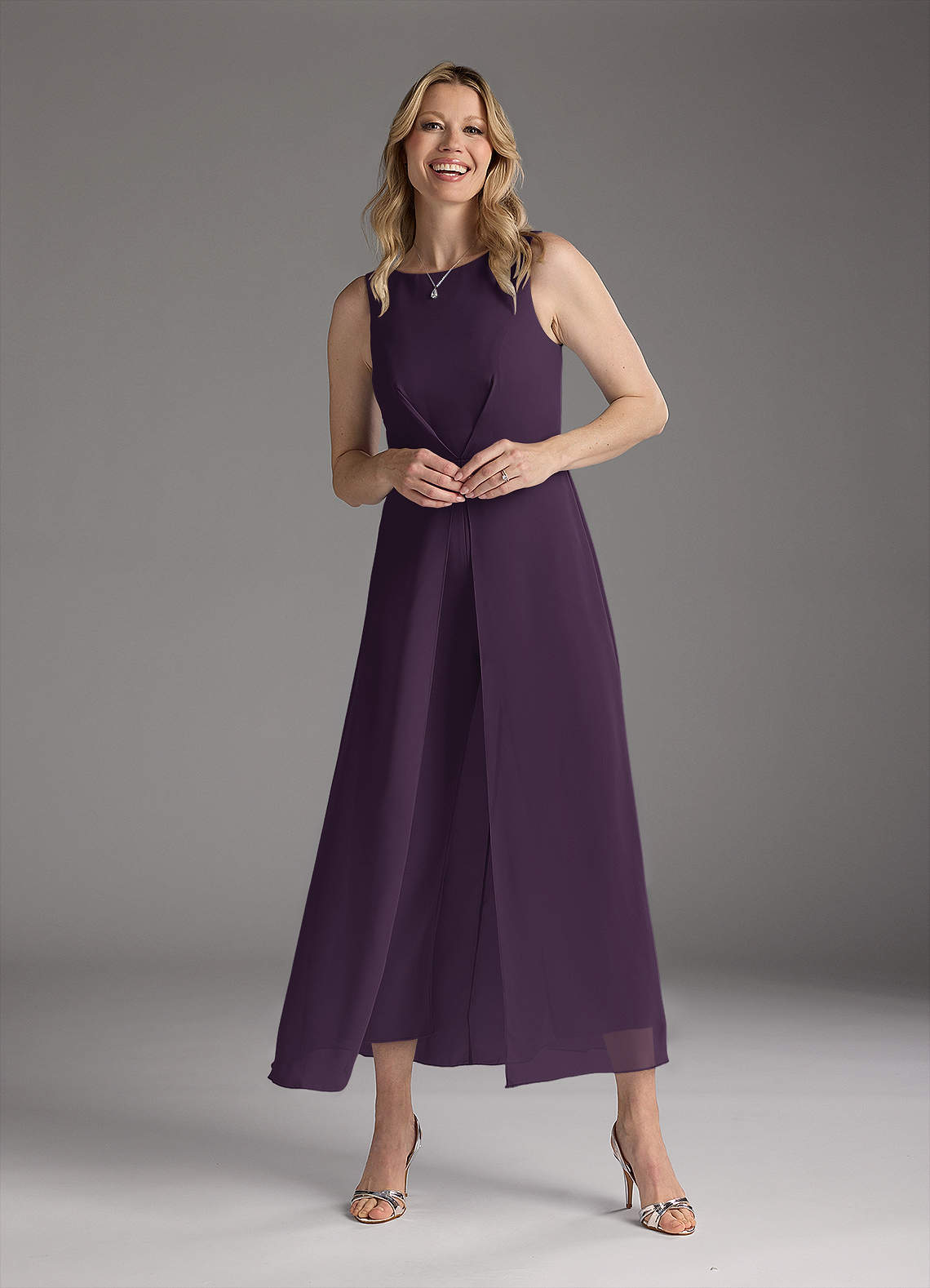 Azazie Anitta Mother of the Bride Dresses Plum Jumpsuit/Pantsuit Pleated Stretch Crepe Dress image2