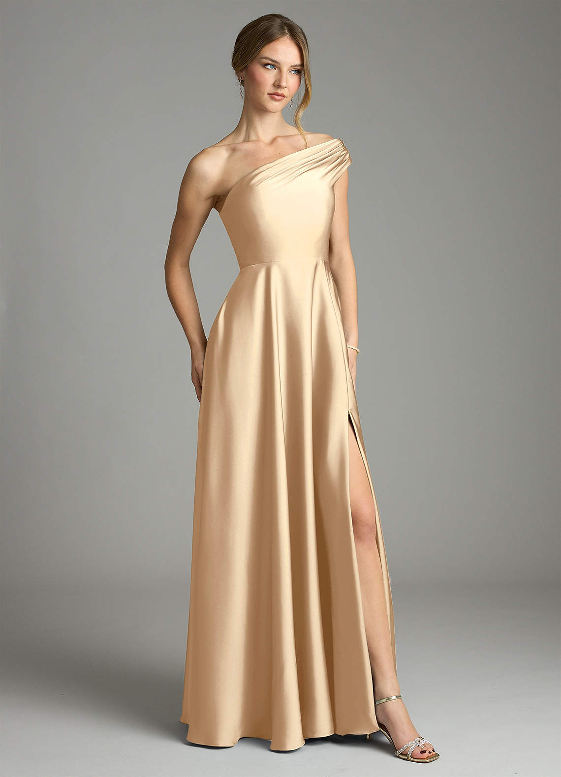Azazie Melanie Bridesmaid Dresses Champagne A-Line Off the Shoulder Stretch Satin Dress image4