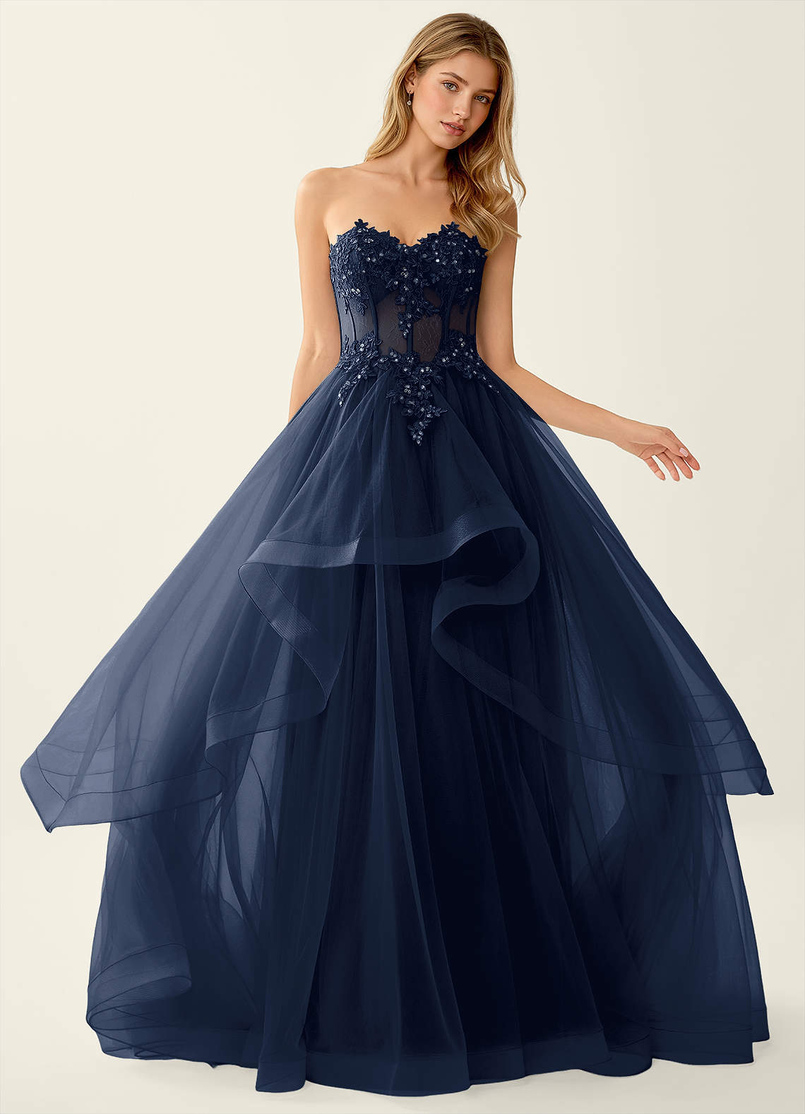 Anais Navy Corset Lace Up Back Lace Ruffled Prom Dress