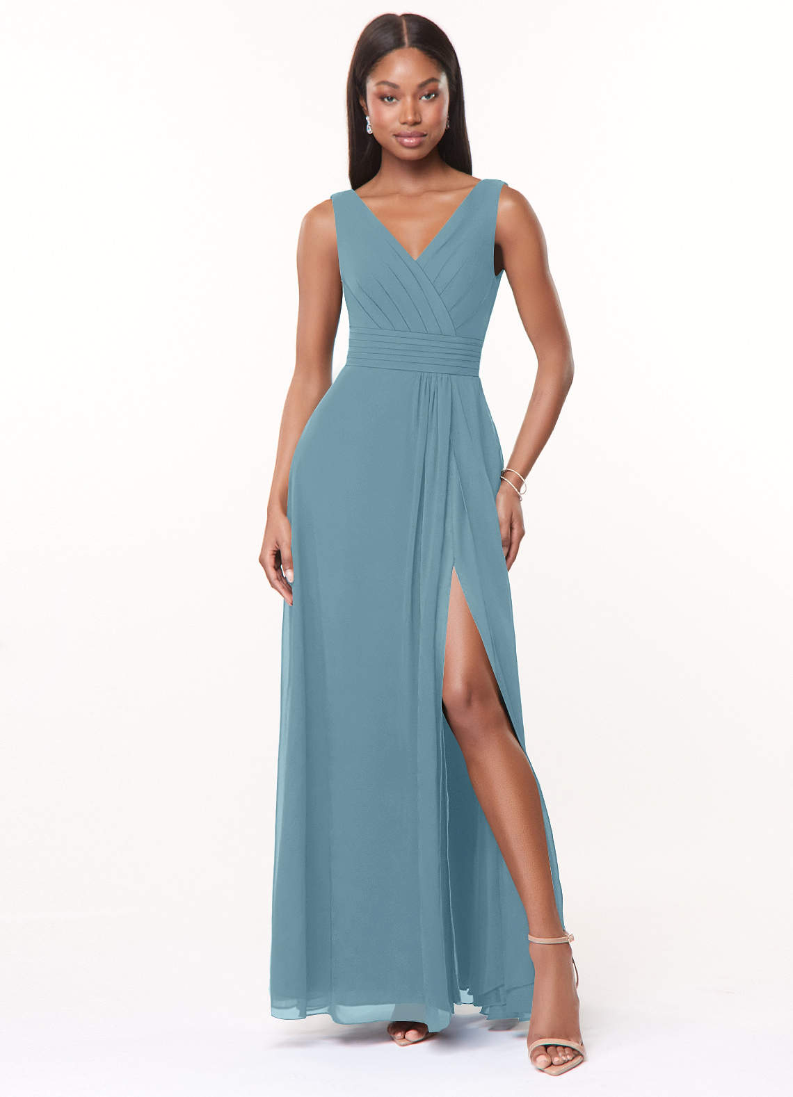 Azazie Karina Bridesmaid Dresses Moody Blue A-Line Pleated Chiffon Dress image1
