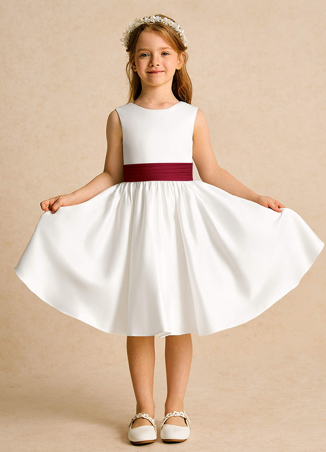 Azazie Sosie Flower Girl Dresses Ivory Burgundy A-Line Pleated Matte Satin Dress image1