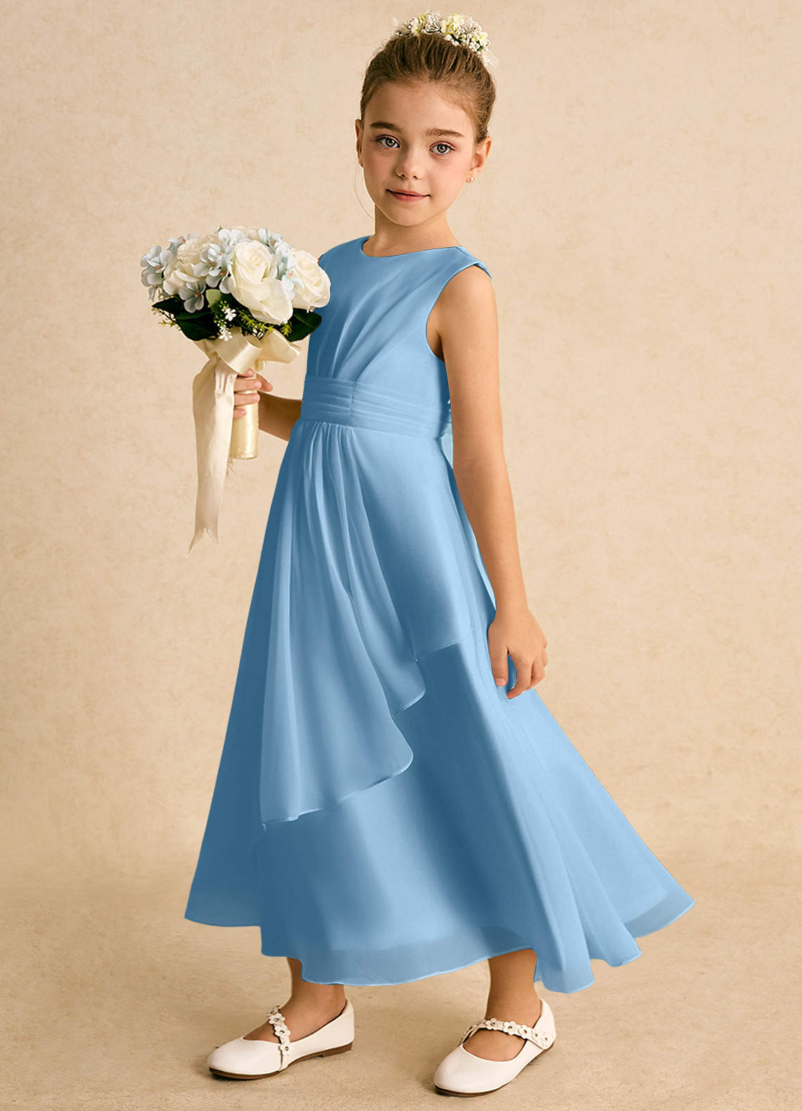 Azazie Edelweiss Blumenmädchenkleider A-Linie Plissee Chiffon Kleid Stahlblau image1