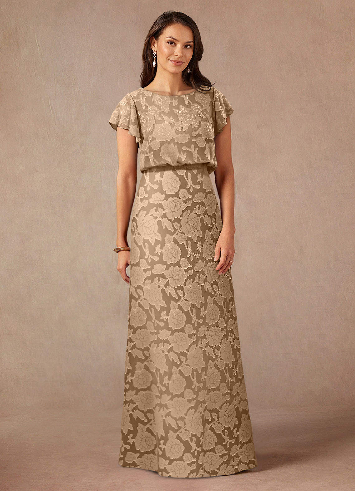 Azazie Lehi vestidos de madre de la novia Vestido de Champán de Devorado Floral de Corte En A con Cuello de barco image2
