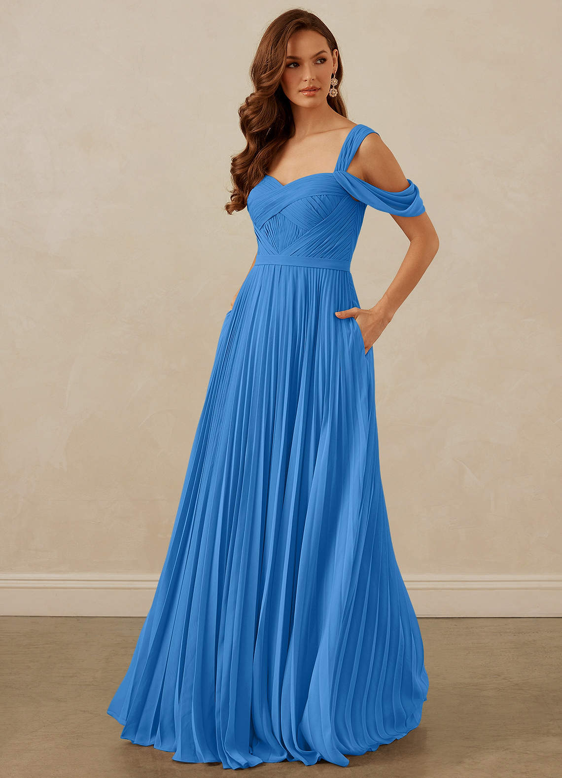 Christian Siriano Bridal for Azazie 1013 Bridesmaid Dresses Blue Jay A-Line Off the Shoulder Chiffon Dress image1